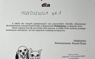 Podziękowanie za Współpracę z Ośrodkiem Adopcyjnym „Przytul Pyska"