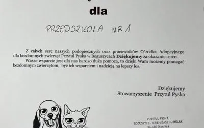 Podziękowanie za Współpracę z Ośrodkiem Adopcyjnym „Przytul Pyska"